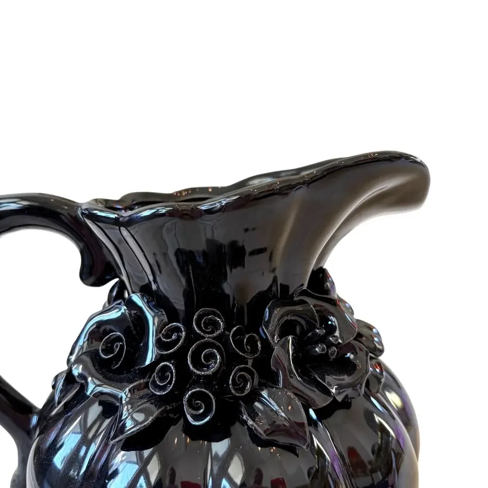 Potter's Studio Black Floral Ceramic Pitcher w/ Embossed Roses 7